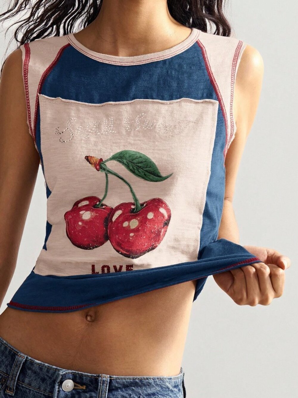 Multicolor Casual Women's Fitted Round Neck Graphic Cherry Sleeveless Tee Top - Picture 3 of 6